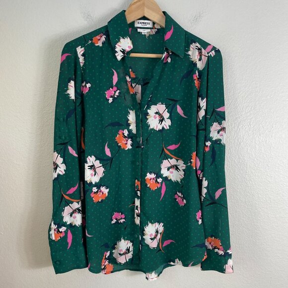 Express Portofino Shirt Womens Medium Floral Green Slim Fit Button Up Blouse - Picture 1 of 8